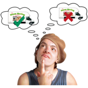 A woman is thinking. There are two thought bubbles above her head. One shows a house removal van with a green tick over it, whereas the other shows a removal van with a red cross over it