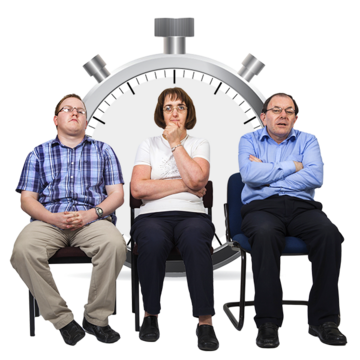 Three people waiting with a clock behind them