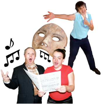 A man and a woman sing from a sheet with musical notes floating above them. There is also a woman performing a speech next to a dramatic mask.