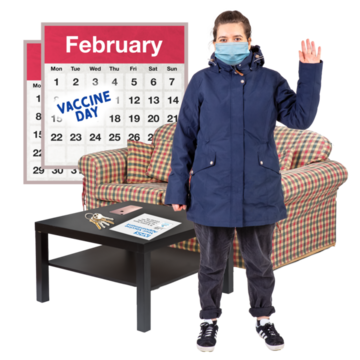 A woman stands in front of a calendar with a reminder to get a vaccine