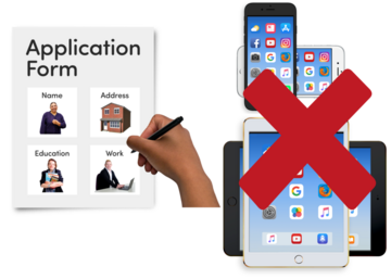 An application form next to a mobile phone and a tablet that have a red cross over them.