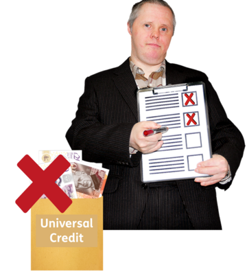 A man showing crosses on a checklist next to an envelope with universal credit money in it. The money has a red cross over it
