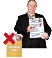 A man showing crosses on a checklist next to an envelope with universal credit money in it. The money has a red cross over it