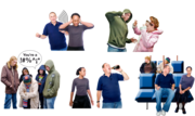 Pictures of someone making loud noises, someone hitting someone, a group swearing at someone, a drunken man, a person on a bus who is upsetting the person next to them
