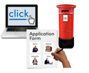 a webpage saying Click, a post box and an application form