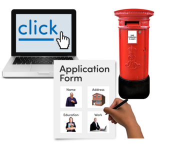 a webpage saying Click, a post box and an application form