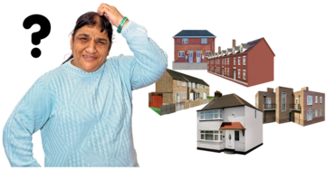 A woman is scratching her head next to photographs of lots of different houses.