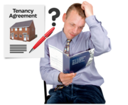 A man sitting down reading a tenancy agreement looking confused and scratching his head