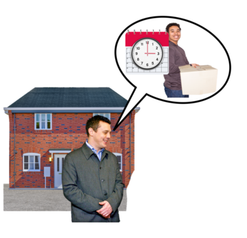 A man is talking outside a house about when someone needs to move out