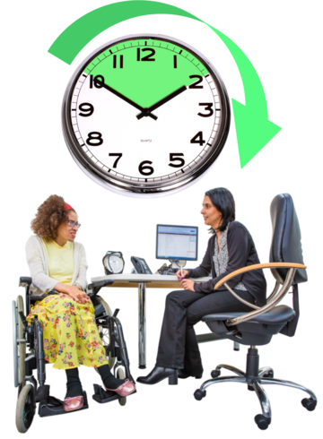 A clock showing 20 minutes has an arrow over it showing more time. This is above a picture of a doctor talking to a patient 