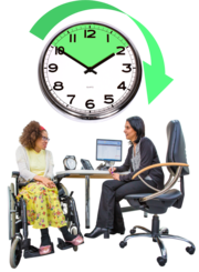 A clock showing 20 minutes has an arrow over it showing more time. This is above a picture of a doctor talking to a patient 