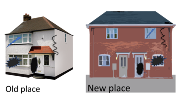 An old house in disrepair and a new house also in disrepair
