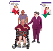 Two carer workers are helping a woman in a wheelchair above one helper is a red cross over the front cover of a carers allowance leaflet. Over the other helper is a green tick over the front cover of a carers allowance leaflet