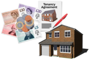 A pile of money, a tenancy agreement and pen, and a house