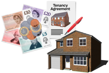 A pile of money, a tenancy agreement and pen, and a house