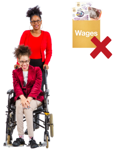 A woman pushing someone in a wheelchair has a wage packet next to her with a red cross through it