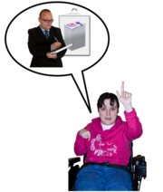 A woman in a wheelchair has her hand up asking for financial advice