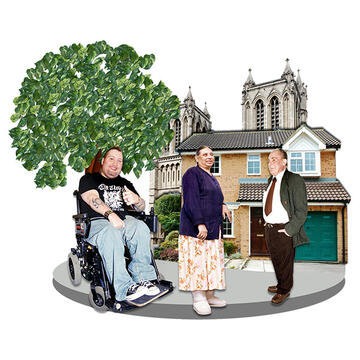 Three people with a tree, a house and a church behind them.