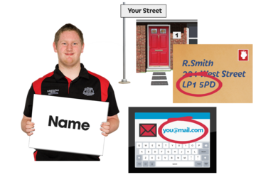 A man holding up a sign saying 'Name'. A house on a street next to a self addressed envelope. An email with the email address circled in blue