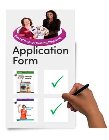 An easy read discretionary housing payment request form with someone ticking to say they already get housing benefit or universal credit