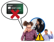 a woman is talking on the phone to someone with a speech bubble to a bank card number which has a red cross over it