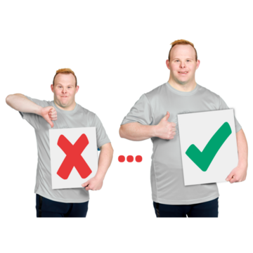 A man holding a sign with a red cross with a line then showing the same man holding a sign with a green tick showing improvement