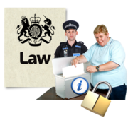 A poster saying Law with a policeman next to it. In front of the policeman is a woman filing something away in a cabinet with an information symbol on it and a padlock
