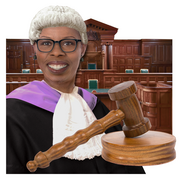 A judge in a wig outside a court house and next to a wooden hammer 