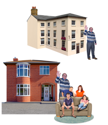 A man waving outside a house made into flats, and a group of people sitting on a sofa with the same man next to a different house.