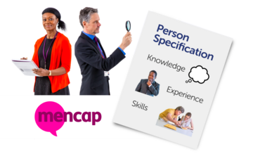 A couple of people in suits above the Mencap logo. One person has a magnifying glass looking towards a CV (person specification form)