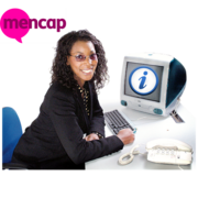 A woman at a computer screen which has an information symbol on it. Above the woman is the Mencap logo