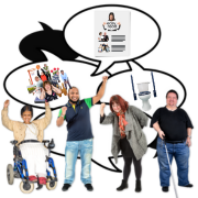 A group of people surrounded by speech bubbles that contain pictures of things they would like to see in their community.
