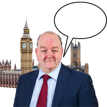 A man in a suit with a speech bubble above him with the Houses of Parliament in the background