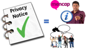 A privacy notice booklet next to an equals sign next to a man pointing at the reader with an information symbol and the Mencap logo next to him. Underneath that person is an image of people shouting for their rights