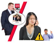 A man phoning a woman saying he is from the council but behind him is a computer screen which says Scams are us