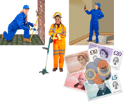 A plumber mending and outside tap, a plasterer plastering a wall and a maintenance garden worker next to a pile of money