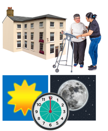 A woman is helping a woman to use a walking frame, underneath her is a picture of the sun and moon and a 12 hour clock