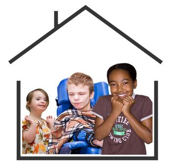 An outline of a house with 3 children inside.