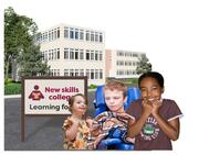 3 children in front of a college.