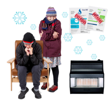 Two people are cold with overdue energy bills next to them
