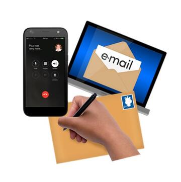 A phone, a laptop with an email and a hand writing on an envelope.