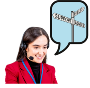 A woman with a headset and a speech bubble which has an image of a signpost inside