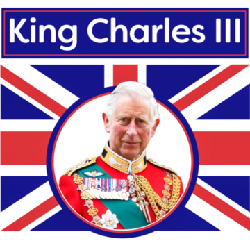 King Charles III on a graphic with a Union Flag in the background and text reading King Charles III above