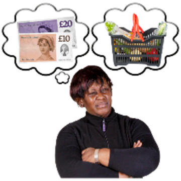 A woman with her arms folded thinks about money and food