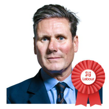 Kier Starmer waring a suit with a red Labour rosette badge