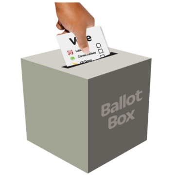 A hand placing a ballot paper into a grey ballot box