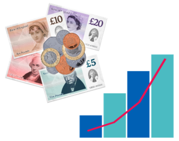 Some money and a chart showing a rise