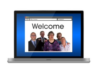 A laptop computer with a webpage on the screen saying Welcome