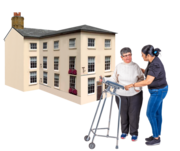 A woman being helped to use a walking frame outside a large home