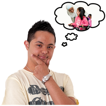A man thinking with a thought bubble above his head with a mother and child inside it